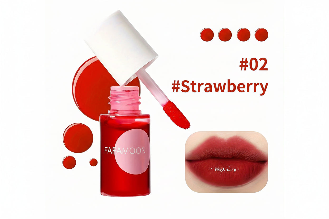 Red lip gloss bottle with applicator and color swatch on a white background