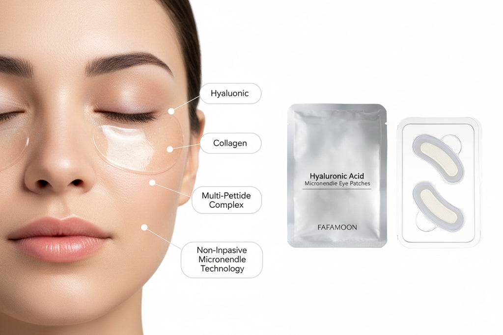 Silver packaging pouch and eye mask on a white background