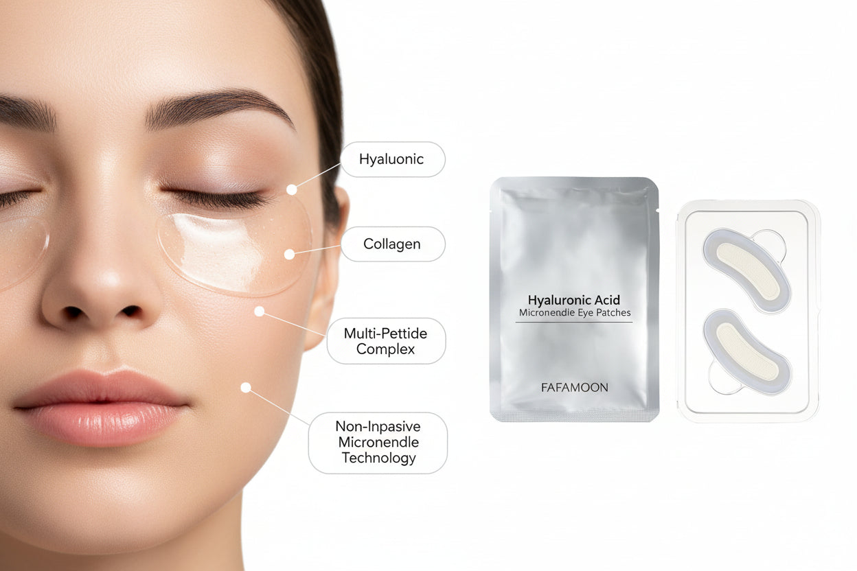 Silver packaging pouch and eye mask on a white background