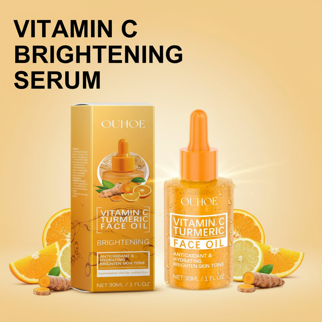 Vitamin C brightening serum with packaging and before-and-after effects on skin.