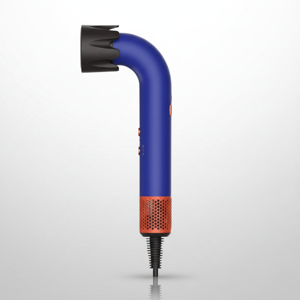 Blue hair dryer with a black nozzle on a white background