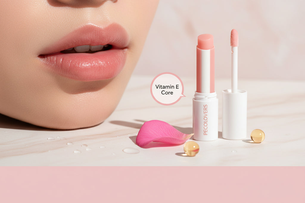 2-in-1 lip balm with close-up of lips wearing it, product details, and vitamin E core description.