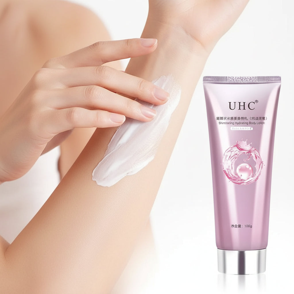 Woman applying UHC body lotion with close-up of skin texture and product packaging.