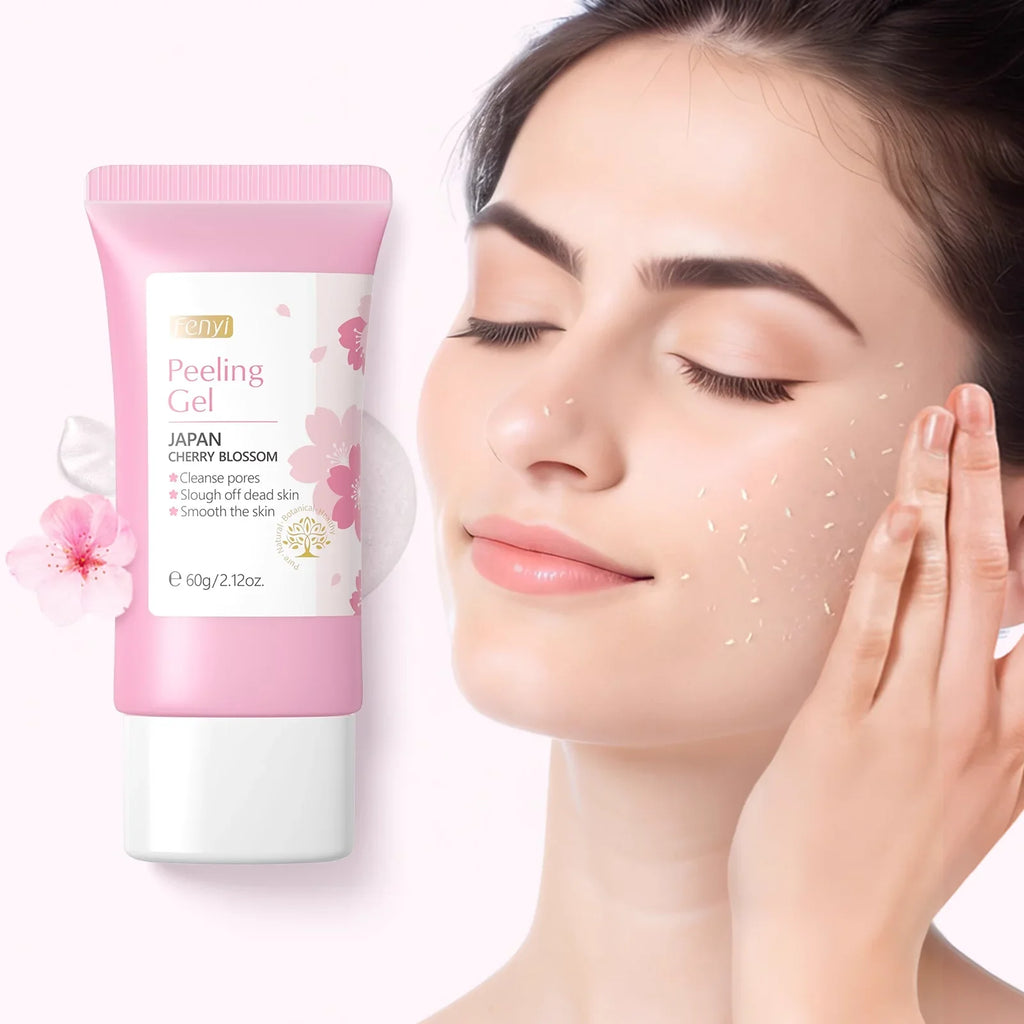 Peeling gel tube with a woman applying it to her face on a white background