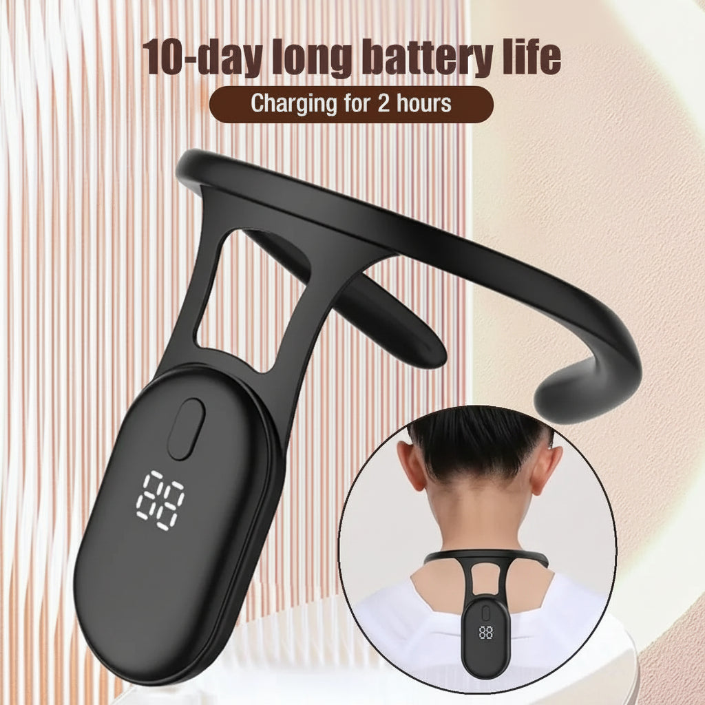 Black electronic device with digital display worn around neck, charging for 2 hours and 10-day battery life highlighted.
