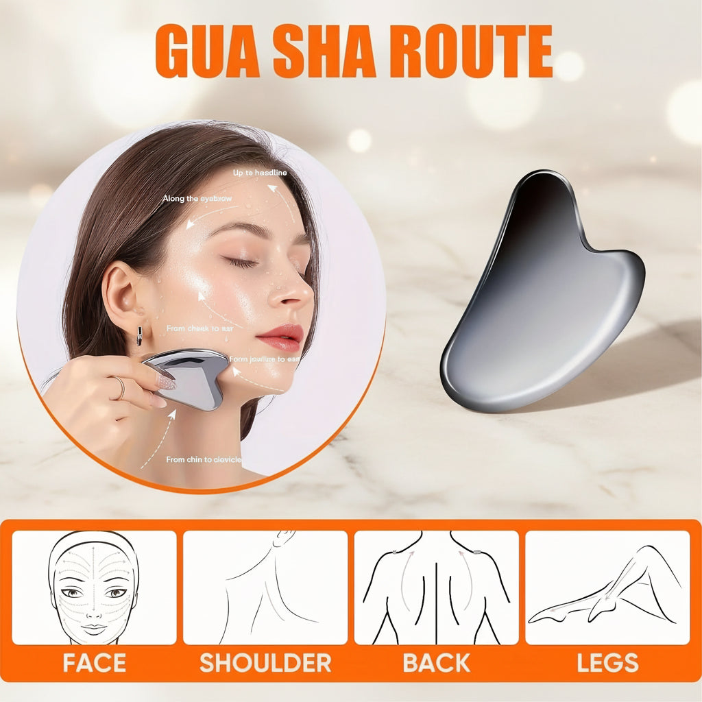 Gua sha tool with usage instructions on a white background