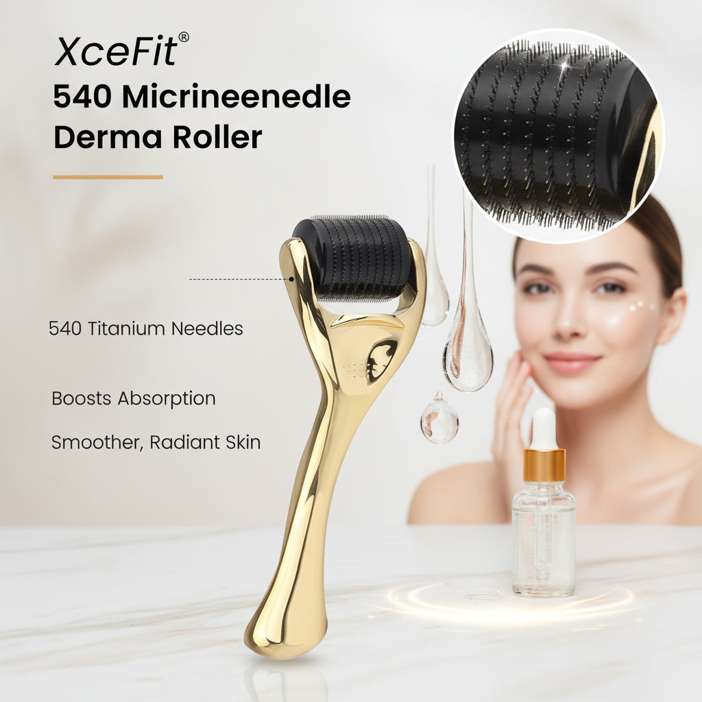 Gold derma roller with black head on a white background, featuring text about needle and handle material.