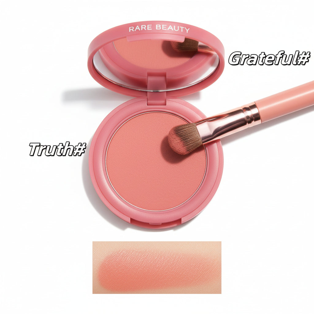 Red makeup products with text labels on a white background