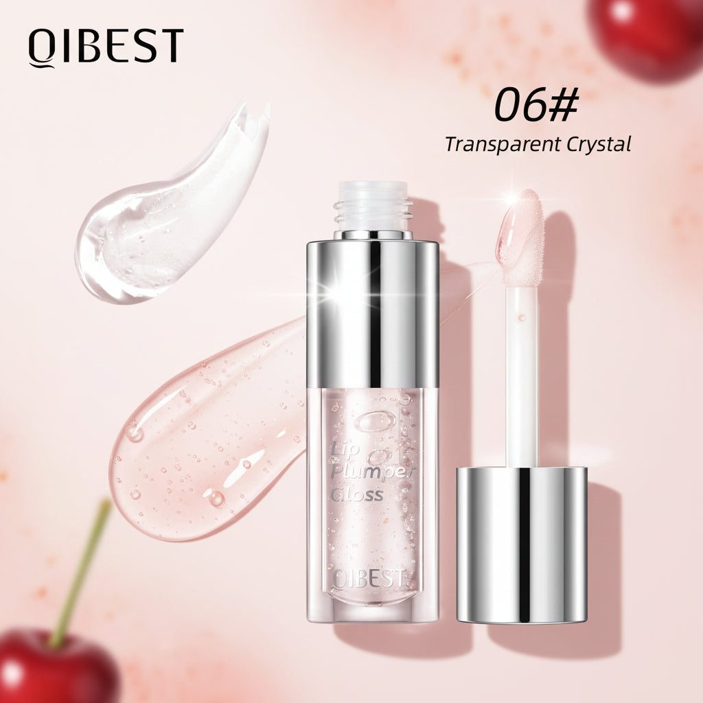 QIBEST lip gloss with transparent crystal shade, showing application on lips.