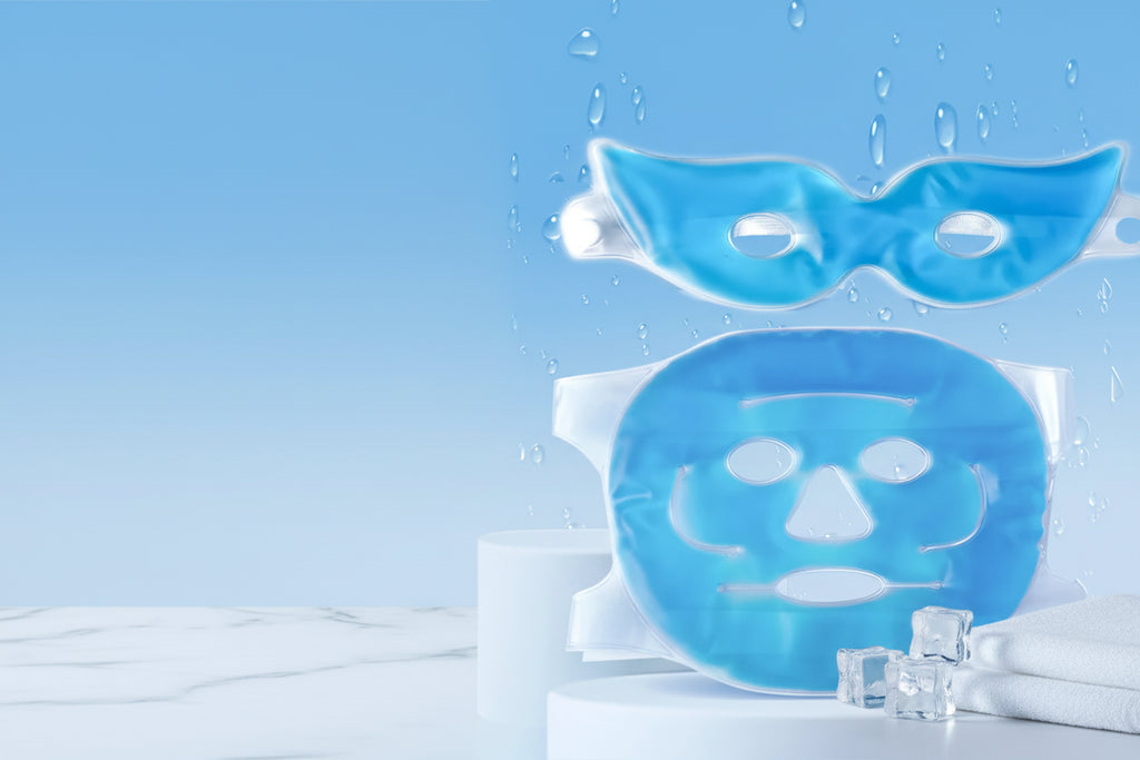 Blue gel eye mask on a light blue background