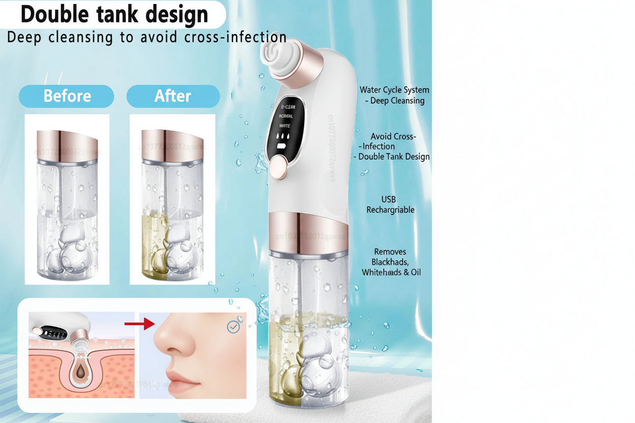 Personal care device with double tank design for deep cleansing, on a light blue background.