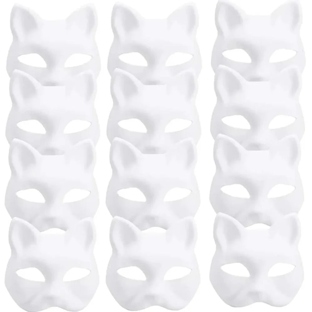 5/10/20/50 PCS Therian Masks White Cat Masks Blank DIY Halloween Mask Animal Half Facemasks Masquerade Cosplay Party BeautyBond