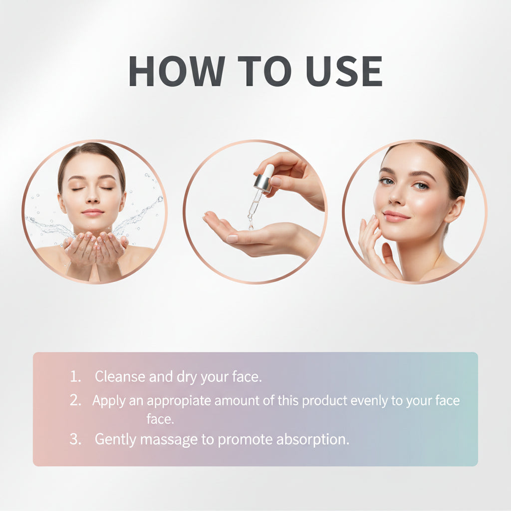 Instructions on how to use a skincare product with step-by-step images and text.