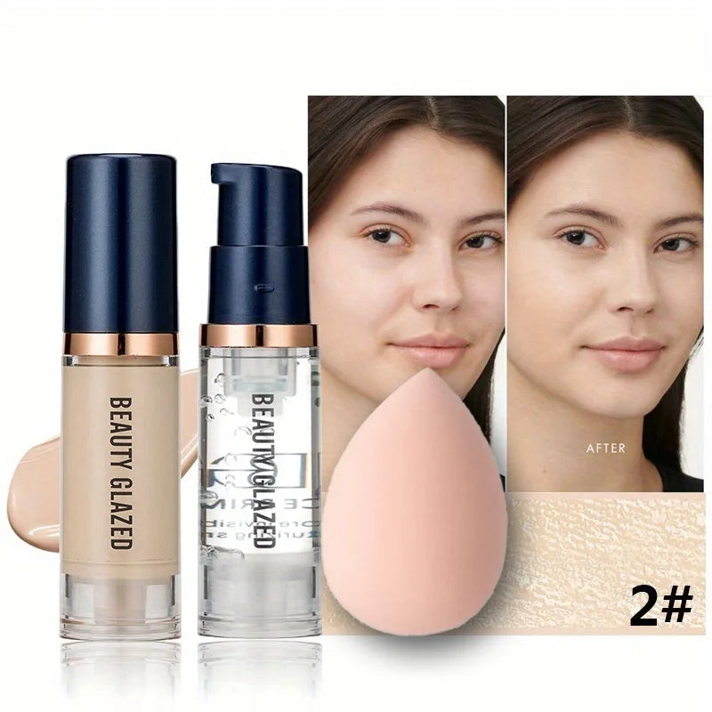 BEAUTY GLAZED 3Pcs Face Makeup Set,Matte Long lasting Waterproof Liquid Foundation+Primer+Puff BeautyBond