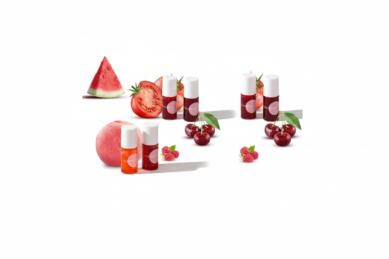 Fruit-themed skincare products with watermelon, tomato, peach, and cherry on a white background.