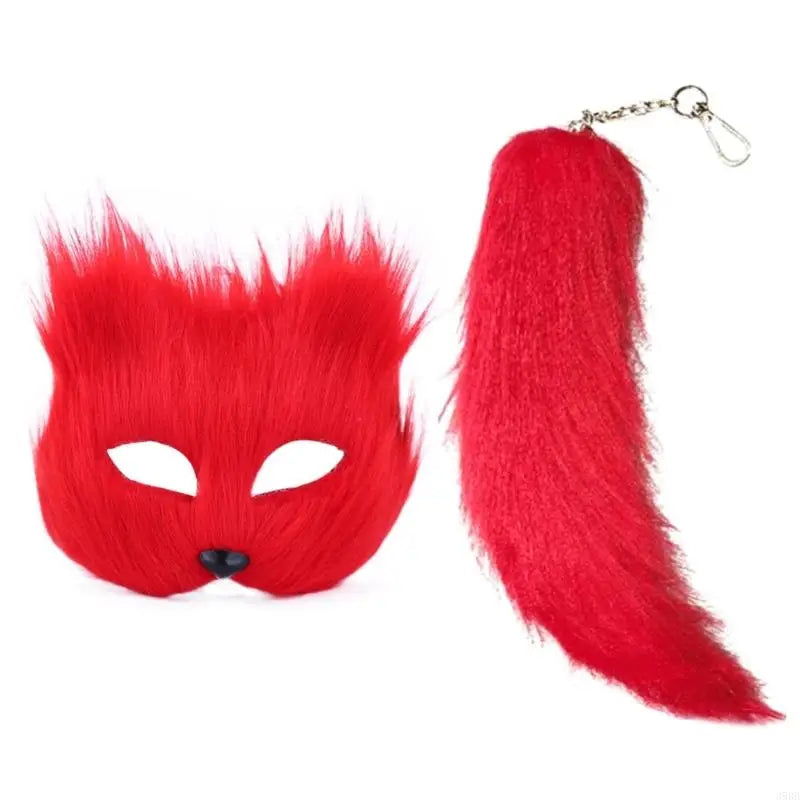 652F Therian Mask and Tail for Women Girls Fuzzy Cats Foxes Wolf Mask Tail Keychain Cosplays Halloween Costume BeautyBond
