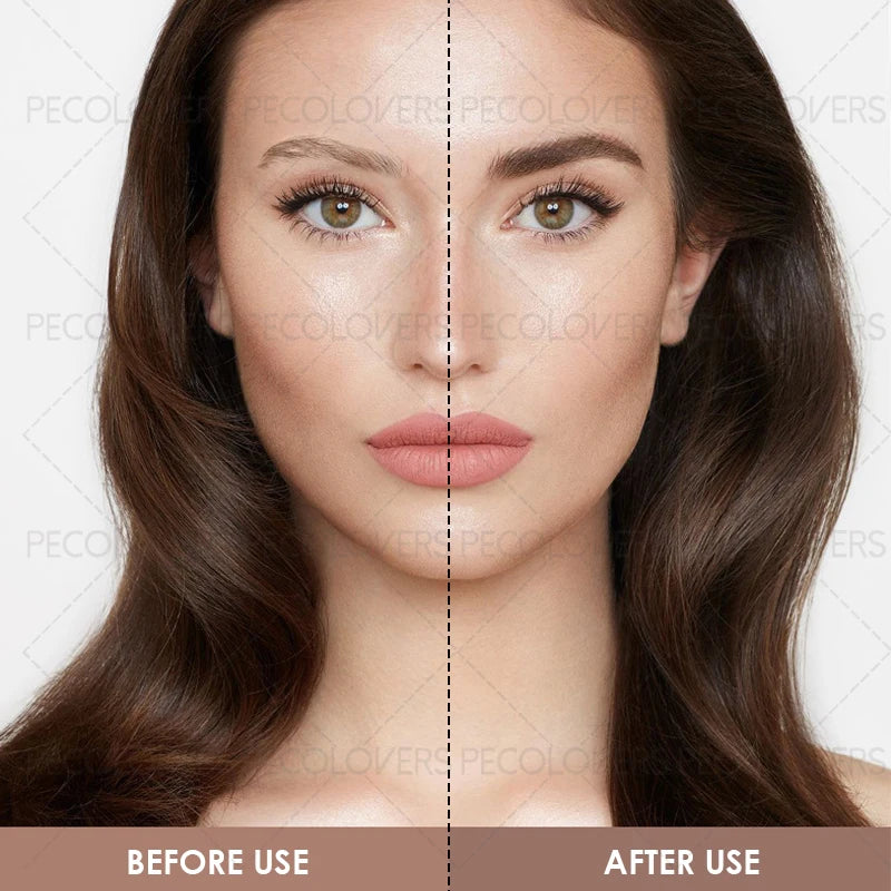 Before and after comparison of a woman's face with a visible line between the two sides.