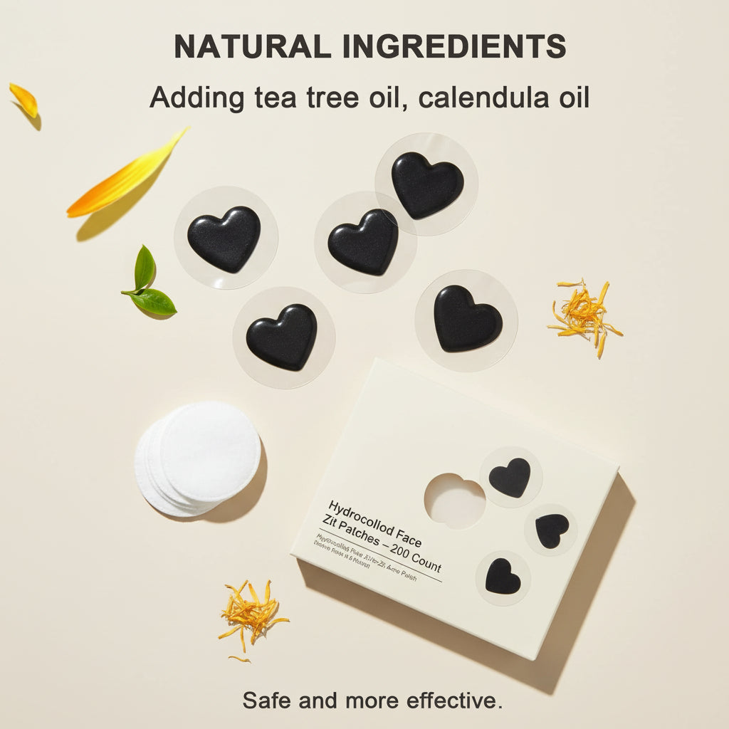 Diagram of natural ingredients including tea tree oil, calendula oil, and salicylic acid with corresponding labels.