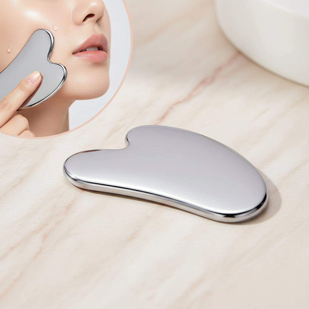 Silver Gua Sha tool on a white background