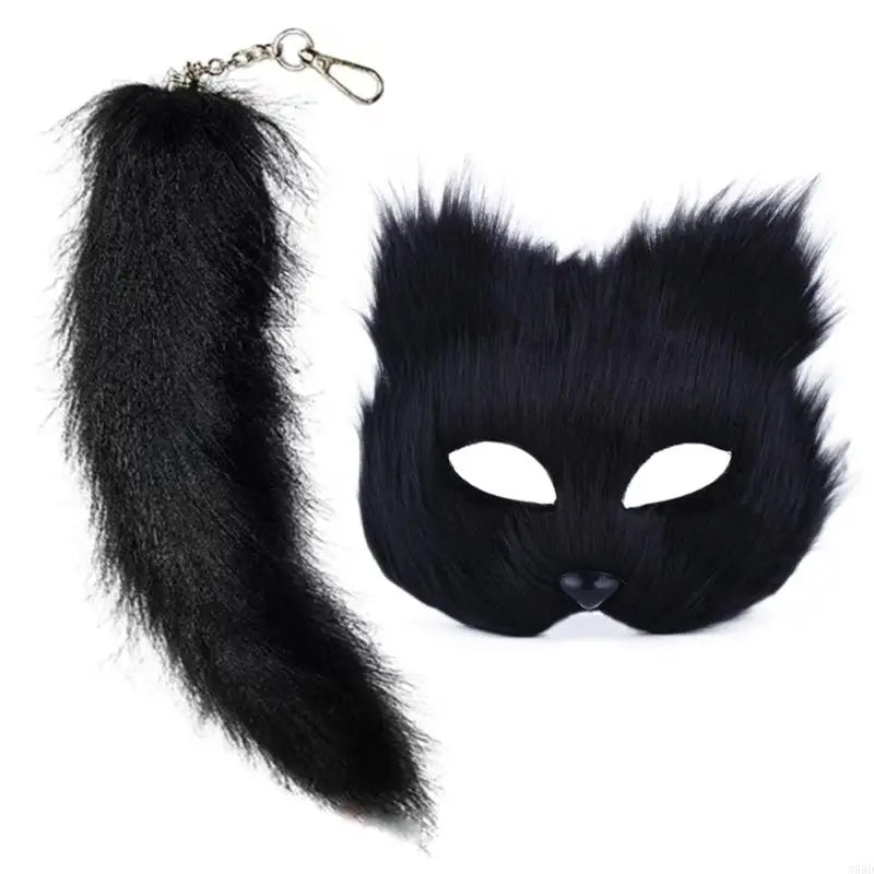 652F Therian Mask and Tail for Women Girls Fuzzy Cats Foxes Wolf Mask Tail Keychain Cosplays Halloween Costume BeautyBond