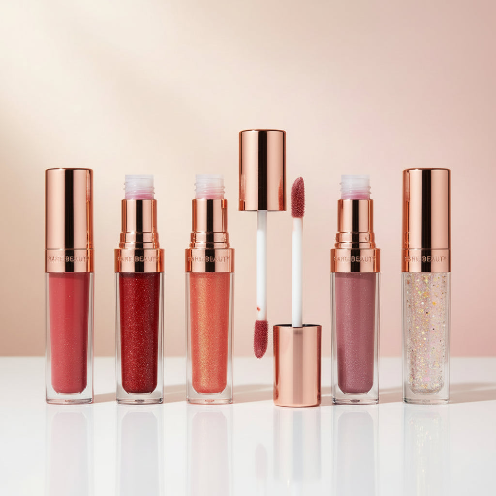 Set of lip glosses with rose gold applicators on a light pink background