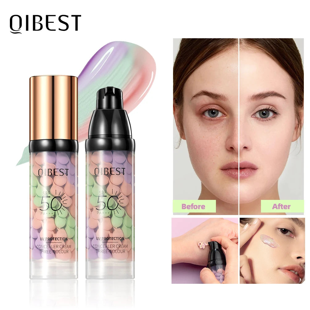 QIBEST Face Makeup Primer Tri-color Cream Brighten Contour Color Isolation Waterproof Foundation Natural Makeup Base Cream BeautyBond