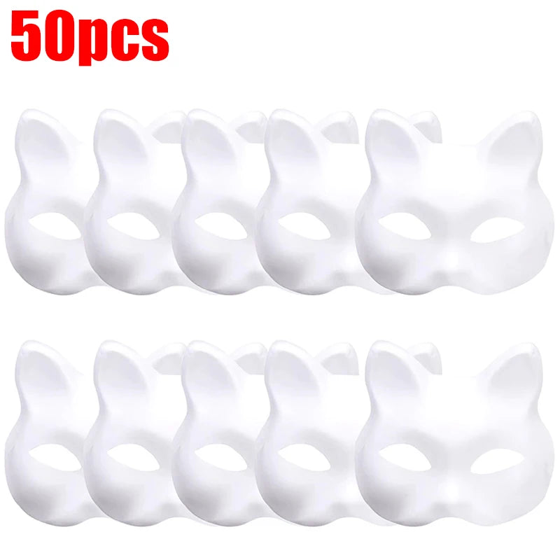 10-50PCS Therian Masks With Straps White Cat Masks Blank DIY Halloween Mask Animal Half Facemasks Masquerade Cosplay Party BeautyBond