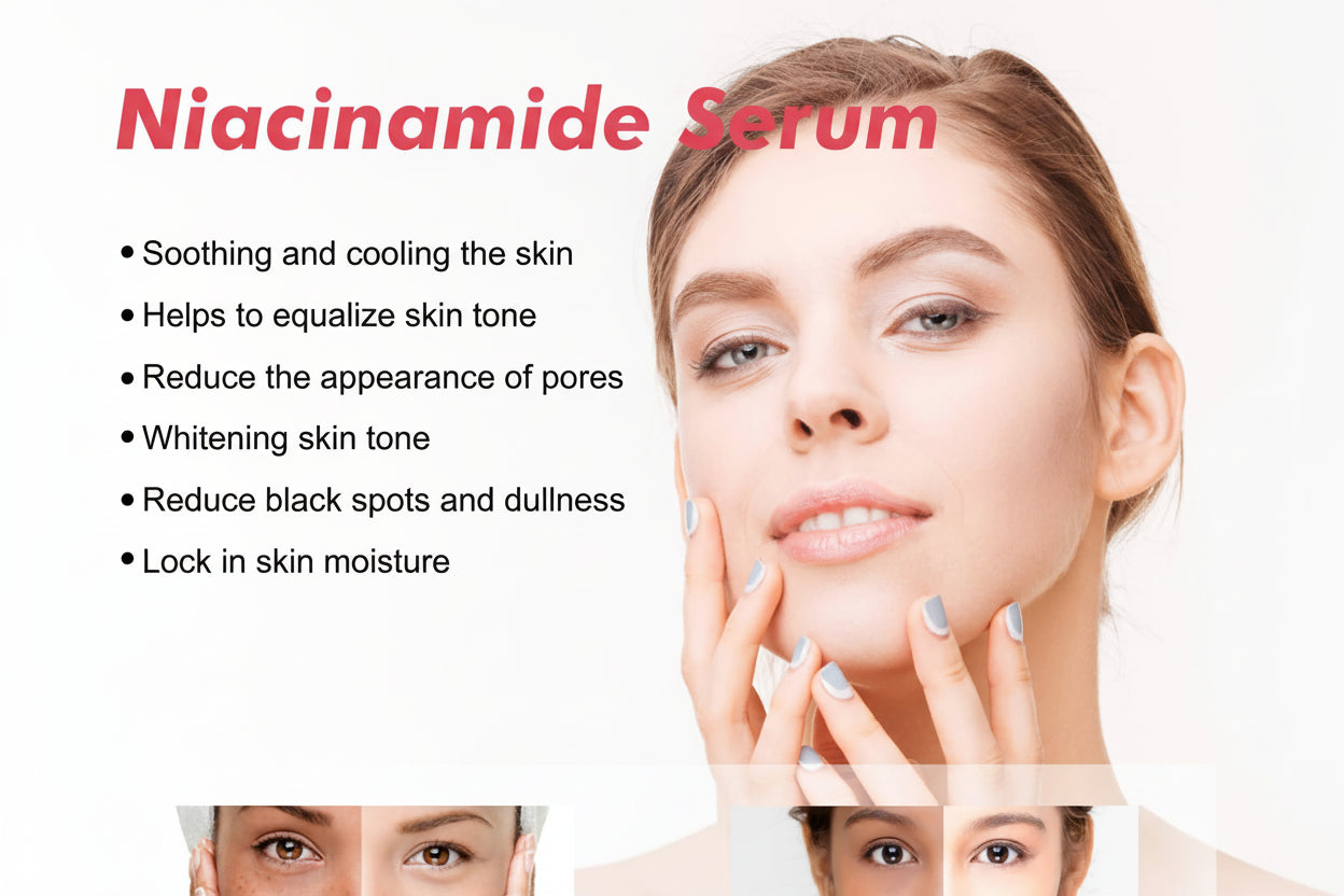 Advertisement for niacinamide serum with a woman's face and text highlighting benefits.