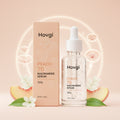 Set of skincare products with peach slices and boxes on a white background