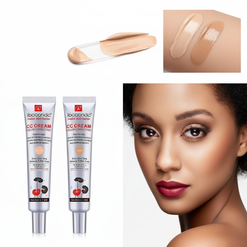 Ibocaande CC Cream with application swatches and a model wearing the product.