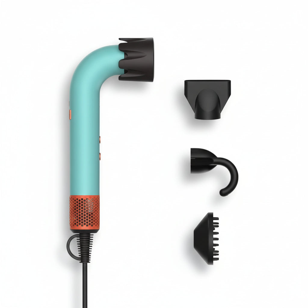 Turquoise hair dryer with four black nozzles on a white background