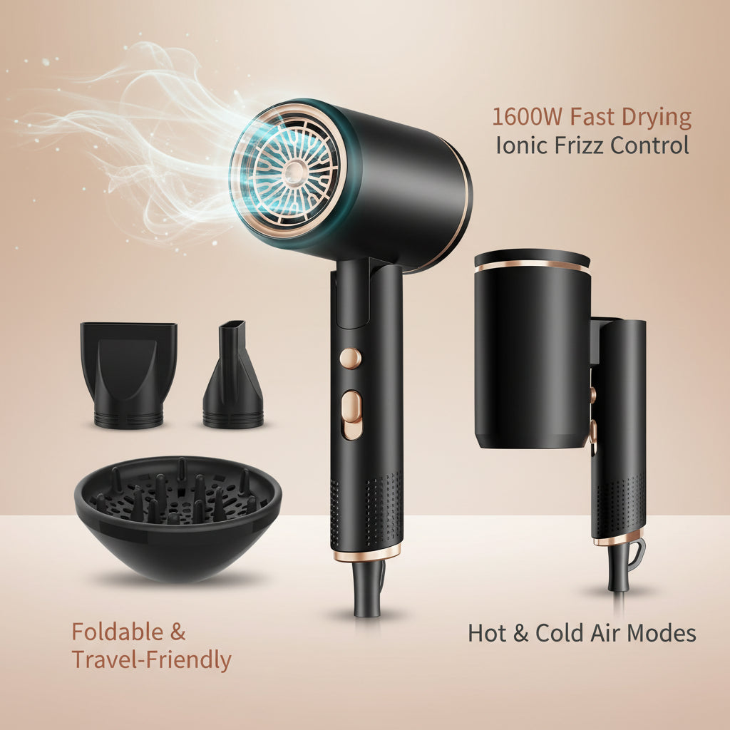 Black hair dryer with multiple attachments on a white background