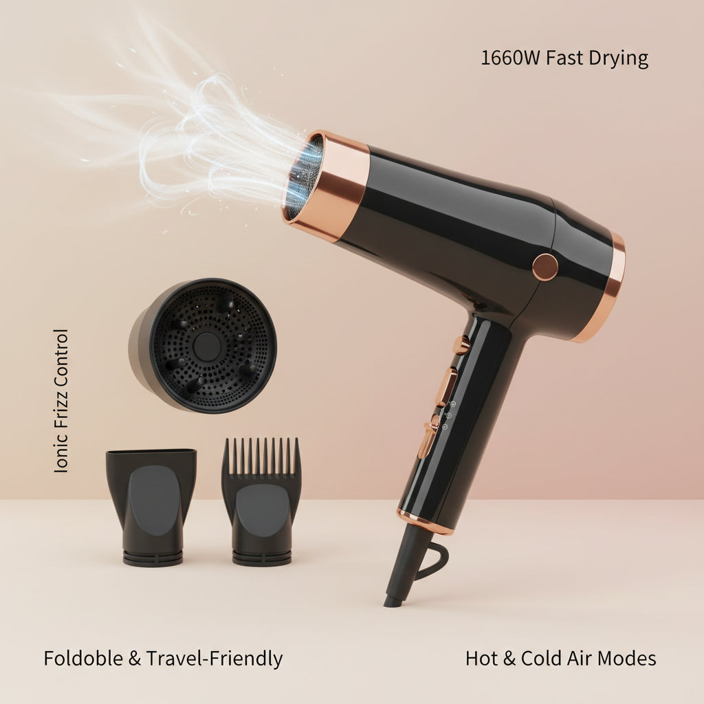 Hair dryer with intelligent temperature control feature on a light blue background