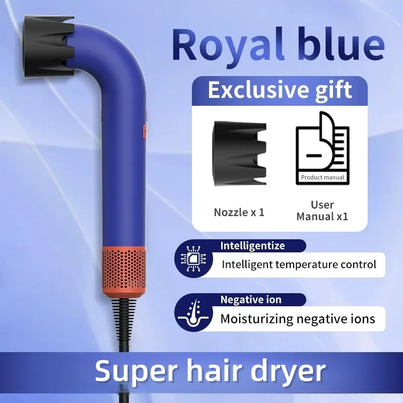 Super hair dryer with nozzle and user manual on a blue background