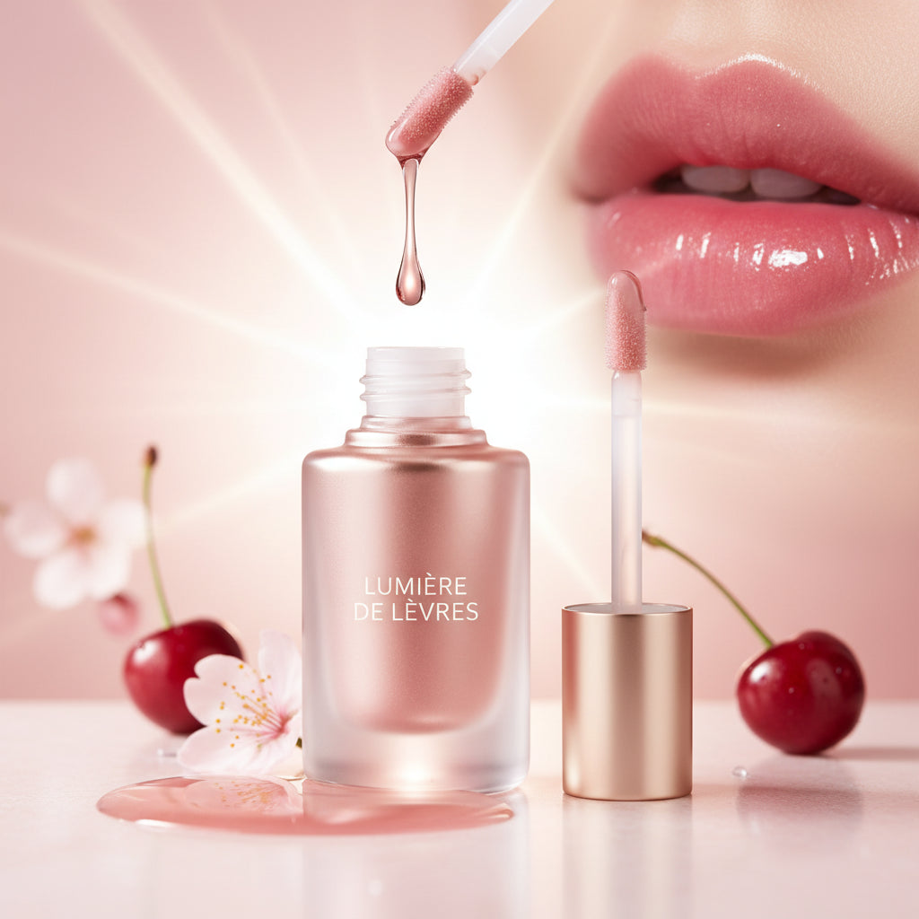 Lip care product application with text on lip care and texture