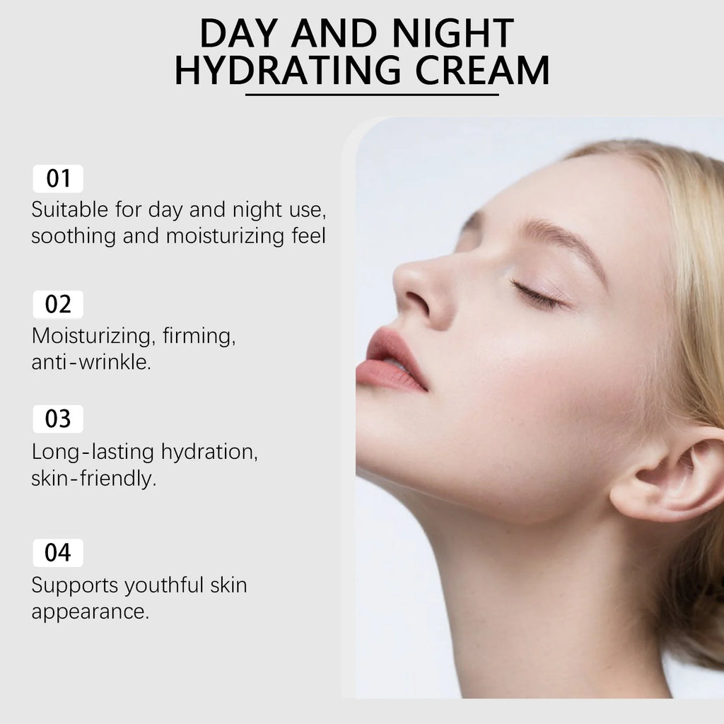 Advertisement for day and night hydrating cream with a close-up of a woman's face.