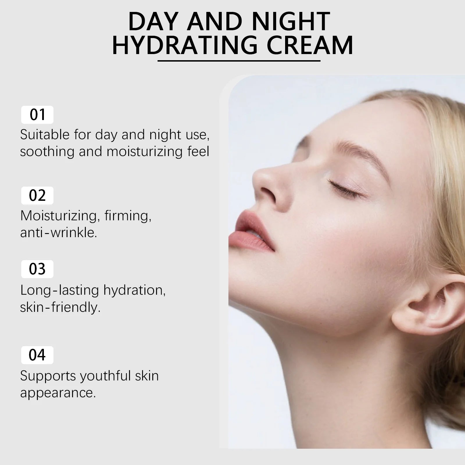 Advertisement for day and night hydrating cream with a close-up of a woman's face.