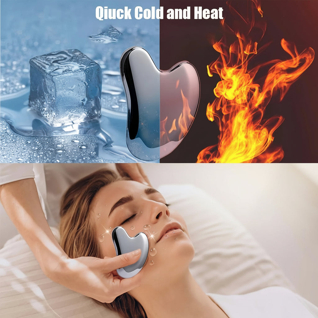 Product for quick cold and heat therapy with ice cube, fire, and user application images.