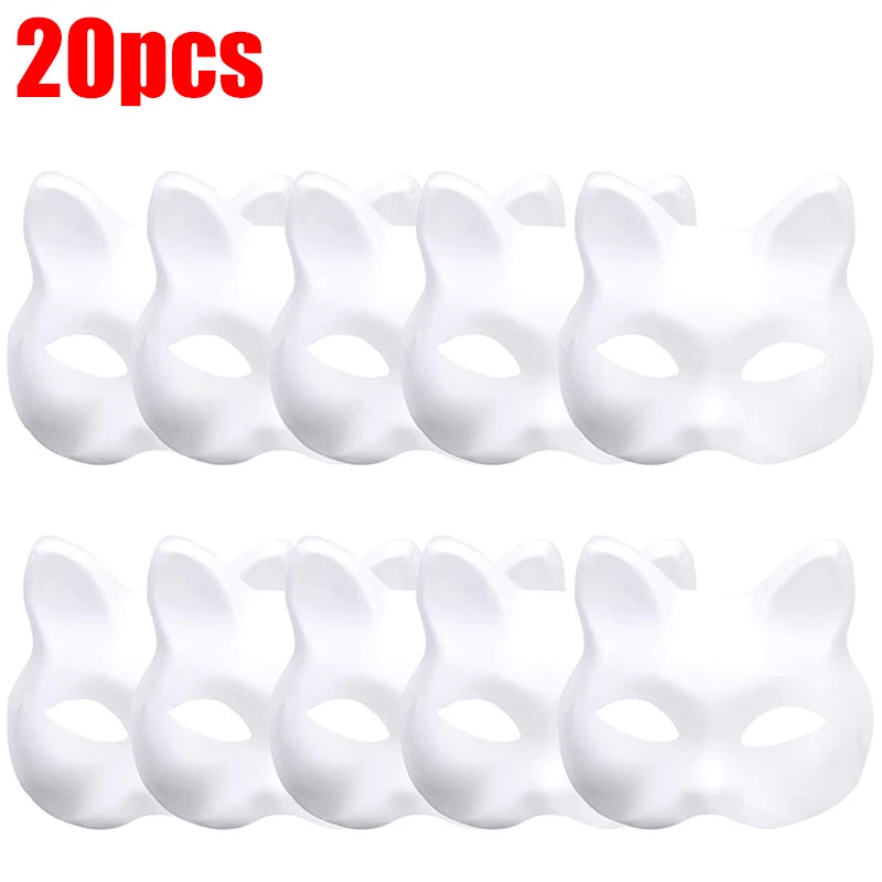 10-50PCS Therian Masks With Straps White Cat Masks Blank DIY Halloween Mask Animal Half Facemasks Masquerade Cosplay Party BeautyBond