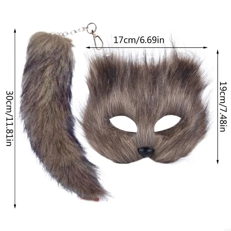 652F Therian Mask and Tail for Women Girls Fuzzy Cats Foxes Wolf Mask Tail Keychain Cosplays Halloween Costume BeautyBond