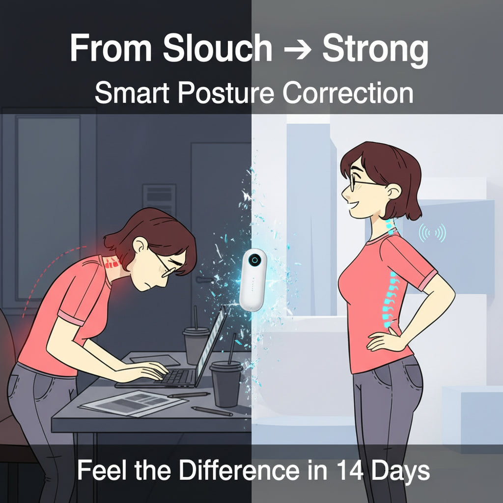 Illustration showing a person improving posture over 14 days with text '14 Days To Cultivate Body Memory'.