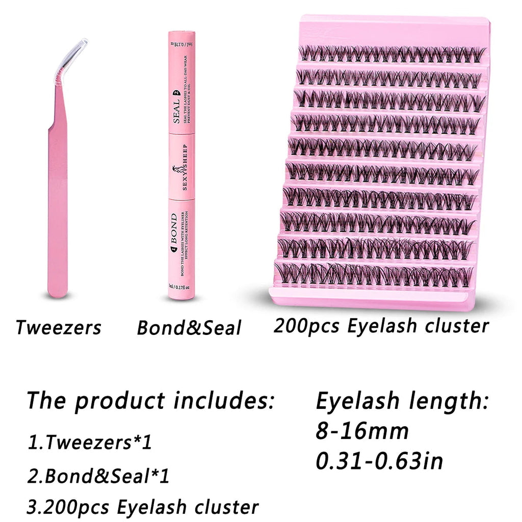 DIY Eyelash Extension Kit 200pcs Individual Lashes Cluster D Curl, 8-16mm Mix Lash Clusters with Lash Tweezers BeautyBond