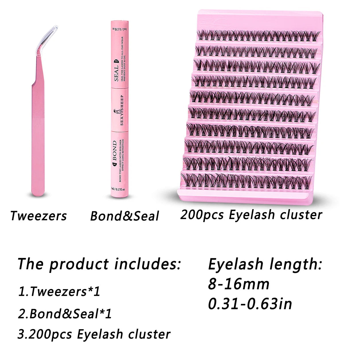 DIY Eyelash Extension Kit 200pcs Individual Lashes Cluster D Curl, 8-16mm Mix Lash Clusters with Lash Tweezers BeautyBond