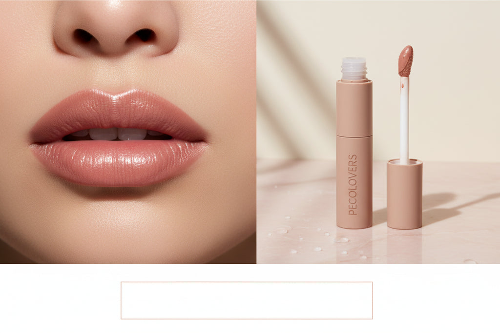 Lipstick with applicator and close-up shots of lips wearing the shade, branded 'PECOLOVERS'.