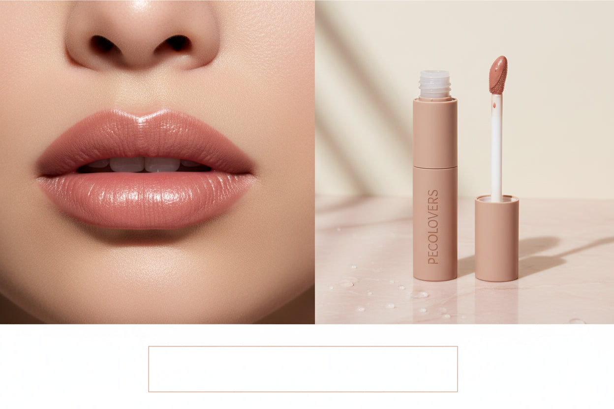 Lipstick with applicator and close-up shots of lips wearing the shade, branded 'PECOLOVERS'.