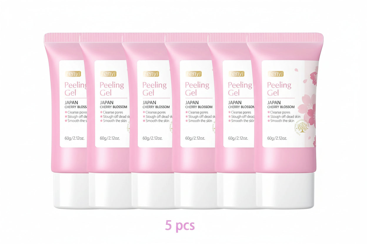 Pack of five cherry blossom peeling gel containers with pink and white design.