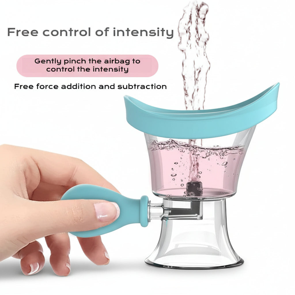 Hand using a device to control water flow with text on intensity control.