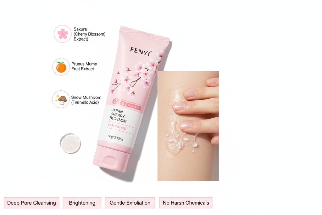 Peeling gel tube with cherry blossom design and close-up of skin with exfoliated particles.
