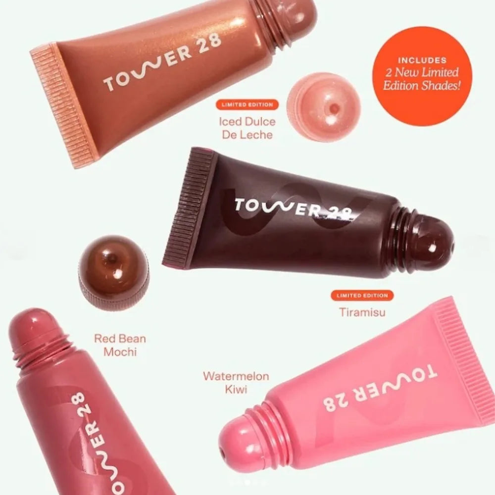 Original Tower 28 Beauty Mini Lil' Softies Lip Treatment Set Watermelon Sugar Plum Vanilla Dulce de Leche Colored Lip Blam Set BeautyBond