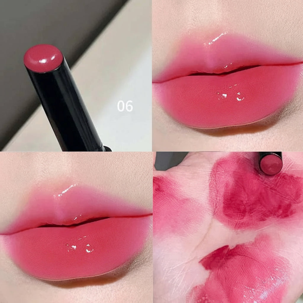 Collage of a pink lipstick and its application on lips.